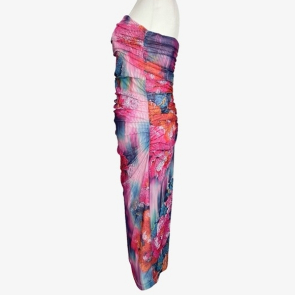 ANTHROPOLOGIE‎ Soleil Slim Strapless Midi Dress L and XL Ruched Mesh Pink Floral - Picture 2 of 16